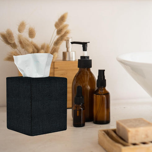 Black Tissue Box Cover, Cute Linen Fabric Decorative Square Tissue Box Holder/Organizer for Bathroom Vanity Countertop/Office/Nightstand/Desk by Fancy Swen