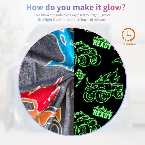 COMFAR 3-12, 40"x 50" Glow in The Dark Monster Truck Blanket for Boys/Girls/Kids/Toddler/Baby, Monster Truck Toys