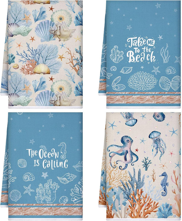 Set of 4 Decorative Kitchen Towels: Mixweer Ocean Dish Towels, Absorbent Fresh Color Hand Towels for Baking
