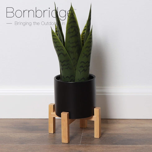 1 Pack) Bornbridge Artificial Snake Plant with Mid Century Plant Stand - Sansevieria Plant in Modern Planter
