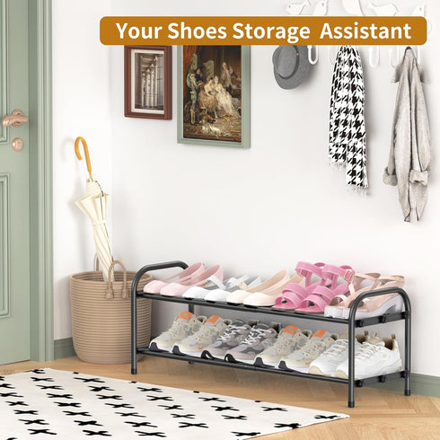 Hleelomi 2-Tier Closet,Living Expandable Shoe Rack for EntrywayAdjustable Metal Shoe Organizer for Room,Dorm,Black