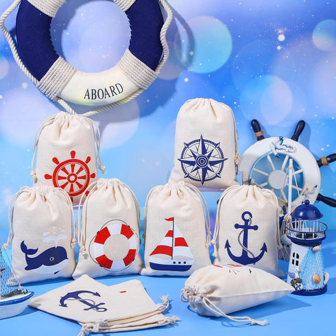 24 Pack 7 5 inch Shellwei Nautical Gift Bags Cotton Nautical Anchors Drawstring Bags Themed Favor Boat Goodie x