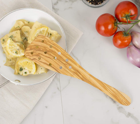 Eddington Italian Olive Wood Wide Pierced Spatula, Handcrafted in Europe, 12.5-Inches