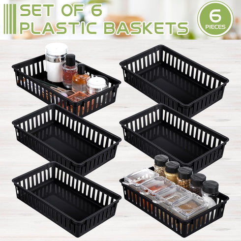 6 Pack Plastic Basket - 10.24 x 6.5 x 2.36 Inch Small Storage Bins for Organizing Shelves, Home Desks, Crafts, Black