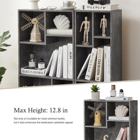 3-Cube 2-Tier VECELO Open Bookcase, Small Bookshelf with Height Difference Shelves for Most Books, Horizontal
