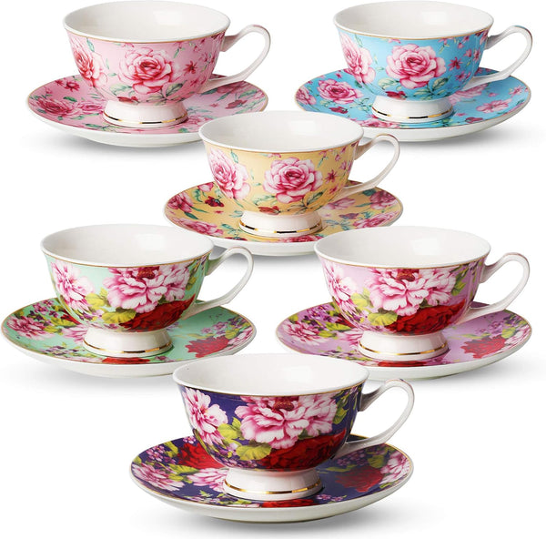 BTaT- Tea Cups and Saucers, Set of 6, 8 oz, Floral Design,