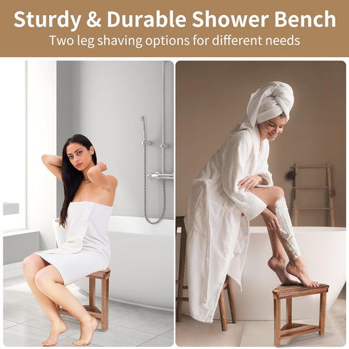 14in, Boulphia Shower Foot Rest Acacia Wood Shower Stool for Shaving Legs, Waterproof Corner Shower Stool with Storage