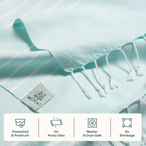WETCAT Turkish Beach Towel, Oversized (38"x71"), 100% Cotton, Quick Drying & Lightweight for Travel (Aquamarine)