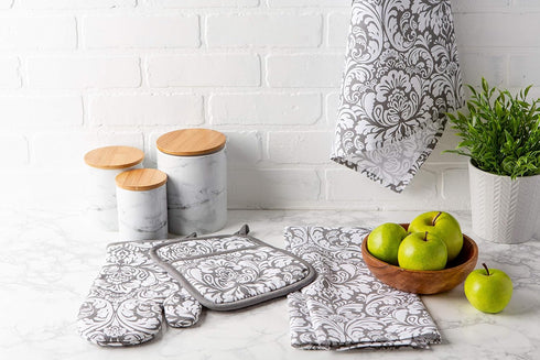 DII Quilted Kitchen Oven Mitt & Potholder Set, Gray Damask Print, 2 Piece, OM 6.5x12/PH 8x8.5