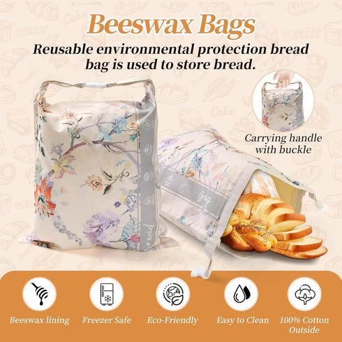 Fusnugk Set Reuseable Beeswax Bread Bags for Sourdough with Bowl Cover -Organic Cotton Beeswax bread bags for Homemade