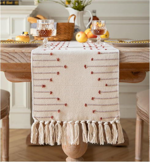Caflife Boho Table Runner 13 x 48 Inch Long Natural Cotton Woven