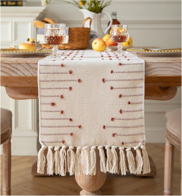 Caflife Boho Table Runner 13 x 48 Inch Long Natural Cotton Woven