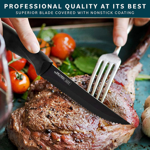 Home Hero Steak Knives, Razor-Sharp Steak Knives Set, High-Carbon Stainless Steel Steak Knife Set, Ergonomic Handles Serrated Steak Knives for Precise Cutting (6 Pcs - Black) by Home Hero