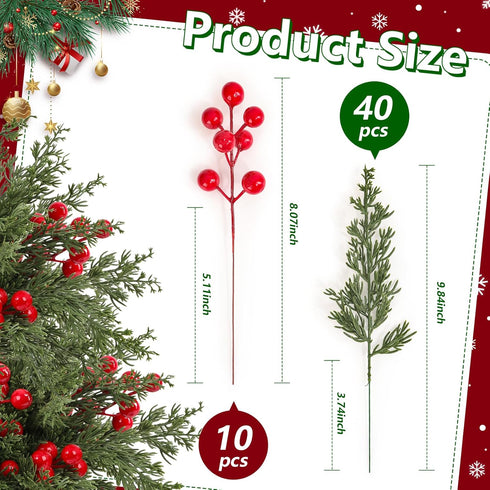 50 10.5" Dapclca Pcs Christmas Artificial Pine Branches with Red Berry Stems, Faux Evergreen Norfolk Pine Cypress