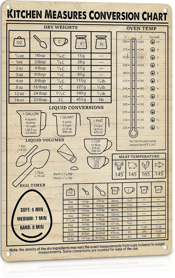 Kitchen Conversion Chart Signs for Vintage Wall Decor, Baking Supplies for Cooking Lovers