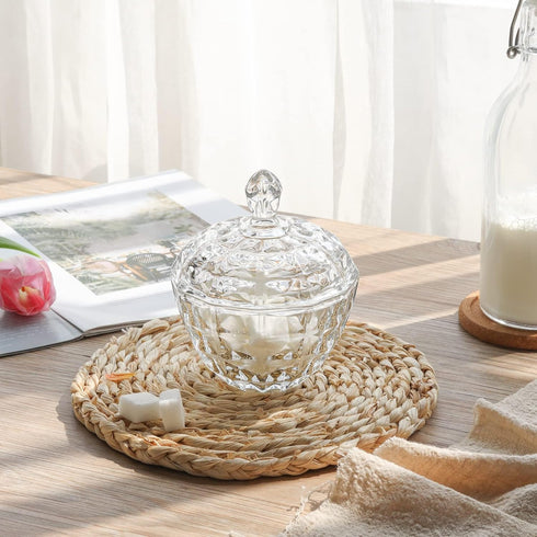 9fl.oz Set 2 ComSaf Crystal Glass Candy Dishes with Lids, of Mini Decorative Covered Candy Jars for Office Desk, Coffee