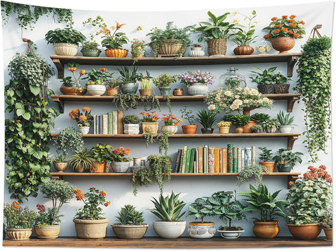 59x51 Inch EOBTAIN Green Plant Wall Tapestry Cactus and Floral Potting on Bookshelf Tapestries Wall Hanging Botanical