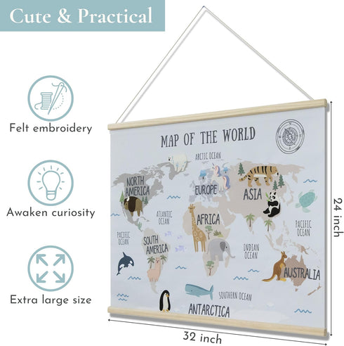 32x24 Extra Large World Map Poster for Kids Embroidered Canvas Wall Hanging with Wood Hanger, Neutral Montessori