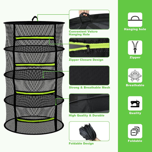 Hanging-8 (23.62") MEKOLIFE Herb Drying Rack Layer, Collapsible Large Capacity Mesh Net with Green Zipper, Hooks