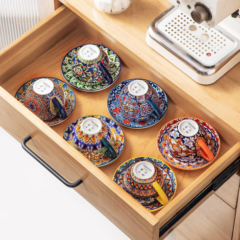 8 oz Set 6, vancasso Cappuccino Cups with Saucers of Bohemian Ceramic Coffee Cup for Latte, Tea, Espresso, Microwave
