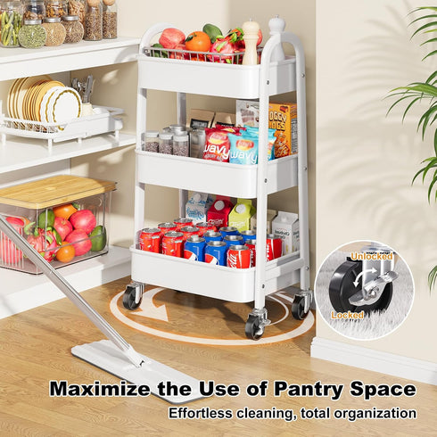 Rcemlip 3 Tier Rolling Cart with Wheels for Pantry Organizers and Storage, Metal Utility Kitchen Cart for Fruit