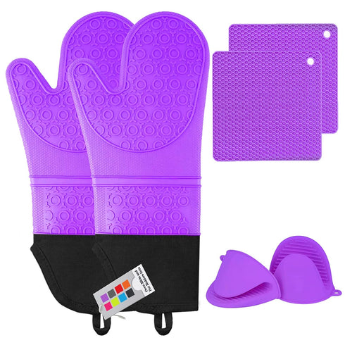 Silicone Oven Mitts and Pot Holders Set - MTZRFLL Extra Long Heat Resistant Gloves with Hot Pads and Mini Oven Mitts