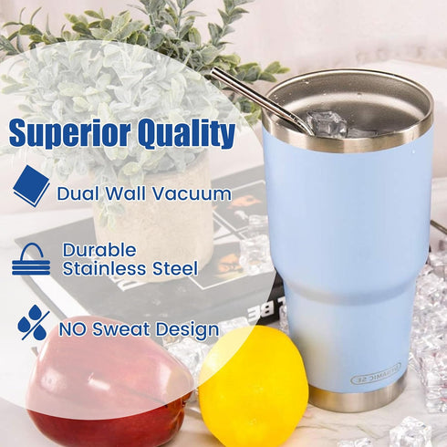 D·S 30oz Blue Tumbler, Stainless Steel Double Wall Vacuum Insulated Mug with Straw and Lid, Cleaning Brush