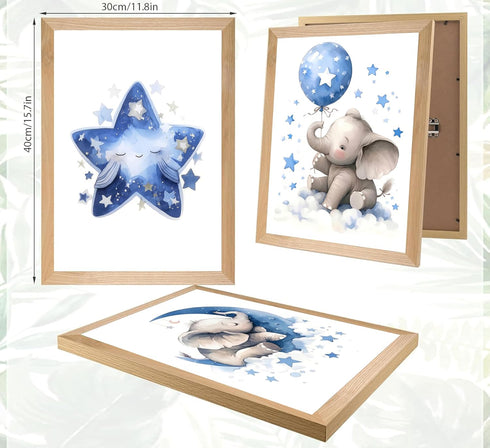 3Pcs 12X16unframed Blue Nursery Elephant Canvas Wall Art Baby Boy Wall Decor Cute Animal Painting Pictures Moon