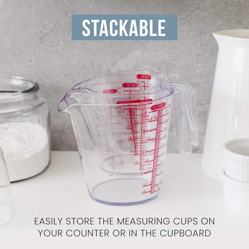 Chef Pomodoro 3-Piece Liquid Measuring Cups Set - Includes 1, 2, and 4 Cup, BPA-Free Plastic, Stackable Nesting