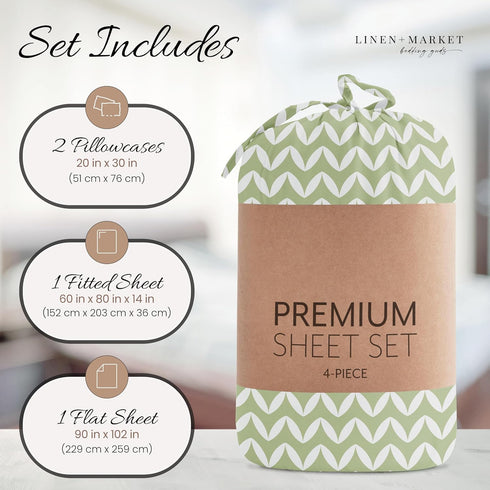 Linen Market Double-Brushed Microfiber Queen Sheet Set - 4 Piece, Oeko-TEX Certified, Puffed Chevron Sage