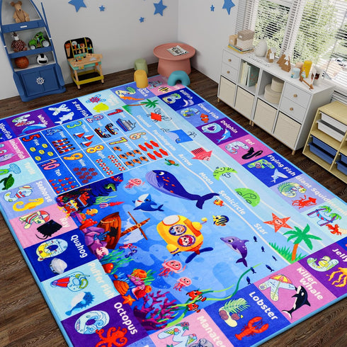 Mfmiudole 59"39.4" ABC Kids Rug for Playroom Ocean Rug Baby Play Mat Alphabet Carpet Sea Animal Number Shape Classroom
