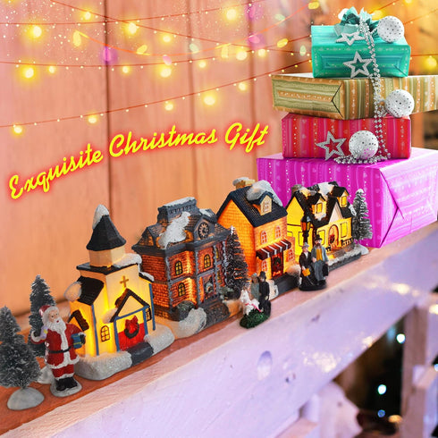 Sets-Christmas Christmas Village Decorations,LED Lighted Christmas Village Houses with Figurines, Christmas Village