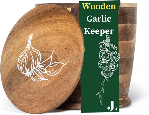 Introducing The Always Fresh Acacia Garlic Keeper For Counter. A Crafted Large