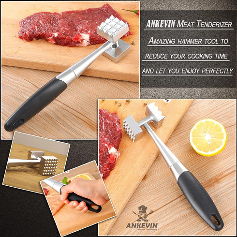 Meat Tenderizer Tool, 8.8 inches Dual-Sided Nails Meat Mallet with Rubber Comfort Grip Handle for Steak, Chicken, Fish