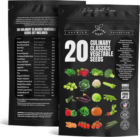 Pack 20 3900+ Vegetable Seeds Variety Tomato, Cucumber, Zucchini, Lettuce, Broccoli & Cabbage Varieties, Non-GMO