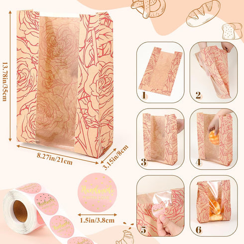 50 Pack 500pcs Packaging 14x8.3x3.2 Bread Bags Bulk for Homemade Bread Kraft Sourdough Bread Bags with Love Stickers