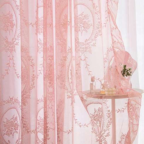 84 Inches 2 Set, W57 L84 Deeprove Pink Lace Curtains Long Panels Boho Sheer Florals Scallop Ruffle Edge, Bohemian Chic