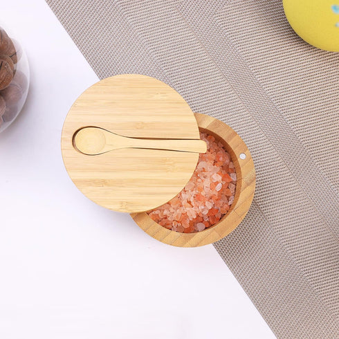 HTB Bamboo Salt Cellar with Mini Spoon, Kitchen Salt Box with Swivel Magnetic Closure Lid, Round Salt Container