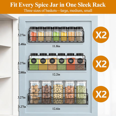 OneAhead Design 3 6 Pack Wall Mounted Spice Rack Organizer, Pantry Door Organizer & Hanging Storage Baskets, Metal