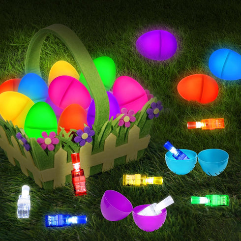 24Pcs Pre filled Easter Eggs with Egg Fillers Finger Lights, Easter Basket Stuffers for Teens Toddler Boys Girls
