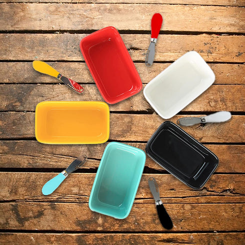 Large Butter Dish with Lid, Ceramic Container for Countertop with Knife Holder and Double Silicone Seals