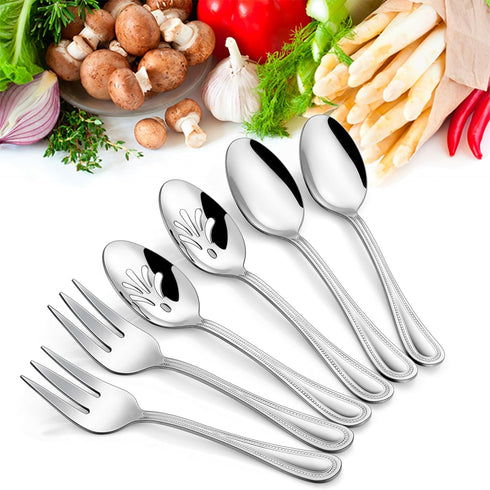 Serving Set, HaWare 6 Pieces Stainless Steel Silverware Utensils, Pearled Edge Hostess Set for Buffet Party, Mirror