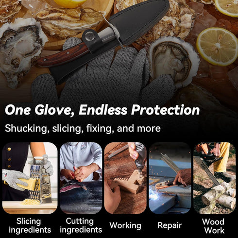 Oyster Knife Shucking Kit, Comfort Wood-handle Oyster Shucking Knife, Sturdy Sharpness with Cut-resistant Glove (M)