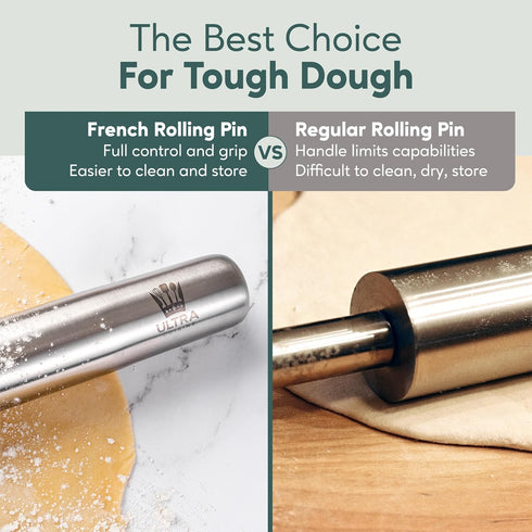 Ultra Cuisine French Rolling Pin for Baking – Tapered Design, Stainless Steel, 15.75-inch Large Roller Pin