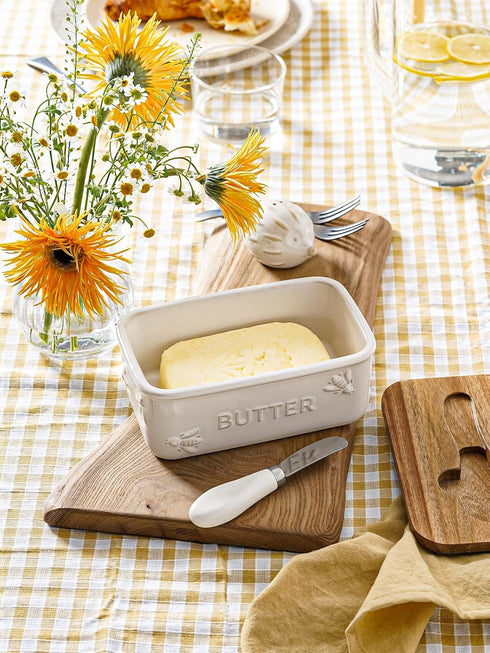 Countertop, Set 1, LE TAUCI Butter Dish with Lid for Ceramic Butter Container, Embossed Butter Keeper with Acacia Wood