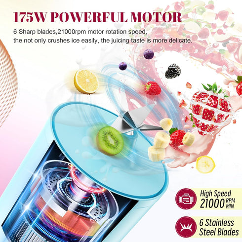 Portable Personal Blender 17OZ/500ML, 175W Juicer for Smoothies, Ice Blending, Juicing, Food Processing, Compact,