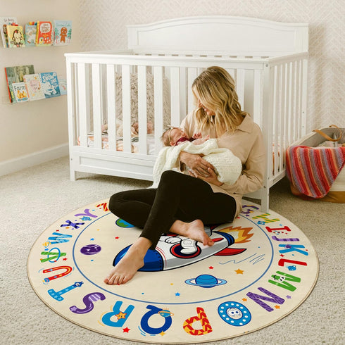 4ft, ABC Kids Alphabet Round Rug Washable Soft Circle Nursery Rug, Non-Slip Educational Carpet with Space Astronaut