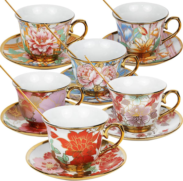 Qetoosur Tea Cups and Saucers Set of 6, 8 OZ Ceramic Tea Cups