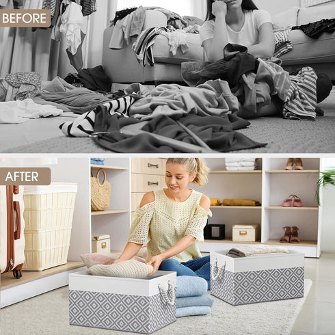 Storage Bins, 2-Pack Large Collapsible Storage Box with Rope Handles for Organizing Books and Clothes (White & Grey)