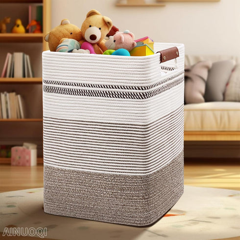 Tall Woven Rope Laundry Hamper - Clothes Basket with Leather Handles, 17.8" X 13.8" X 22", Blanket Storage Basket in